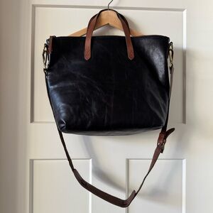 Madewell Black Leather Zip Top Transport Satchel with Brown Leather Straps